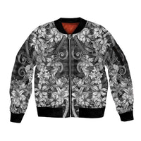 Hawaii Palaka Sleeve Zip Bomber Jacket Black Tribal Pattern With Tropical Flowers - Polynesian Pride