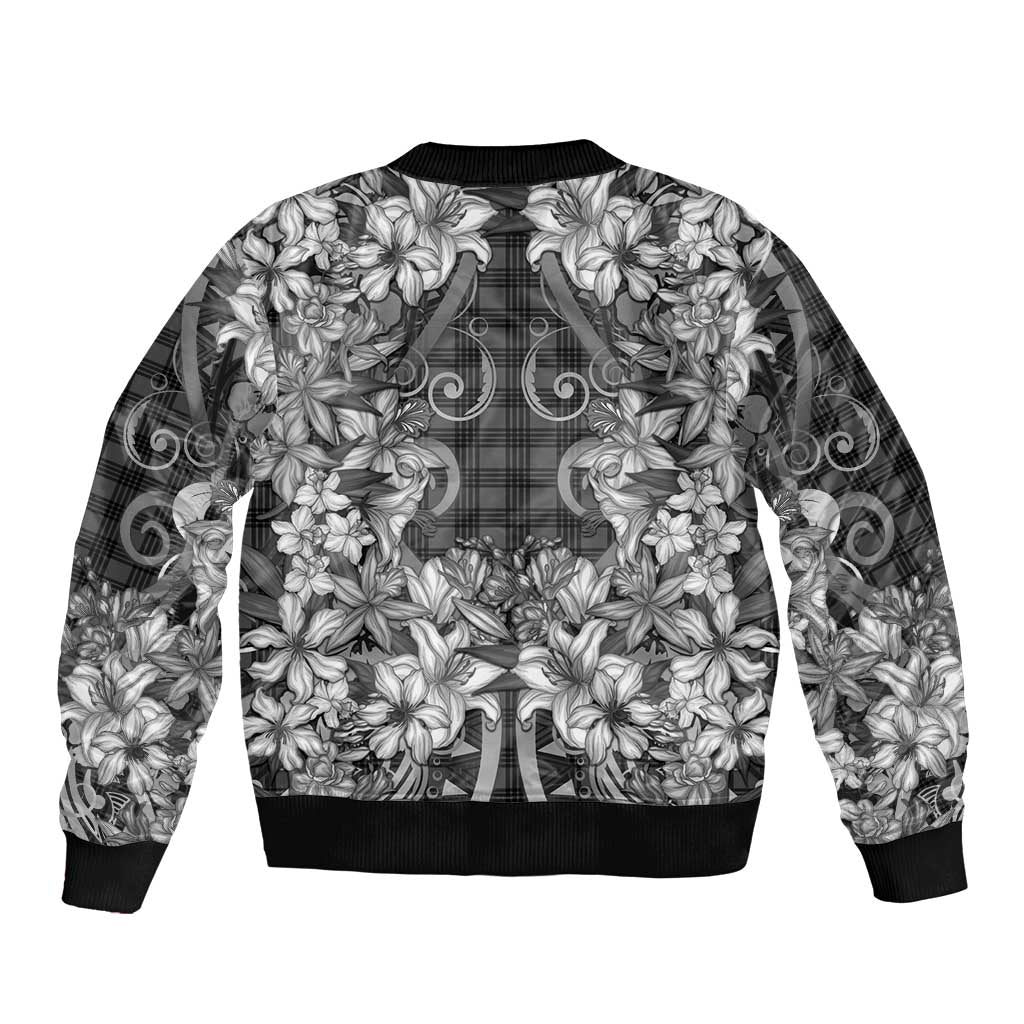 Hawaii Palaka Sleeve Zip Bomber Jacket Black Tribal Pattern With Tropical Flowers - Polynesian Pride