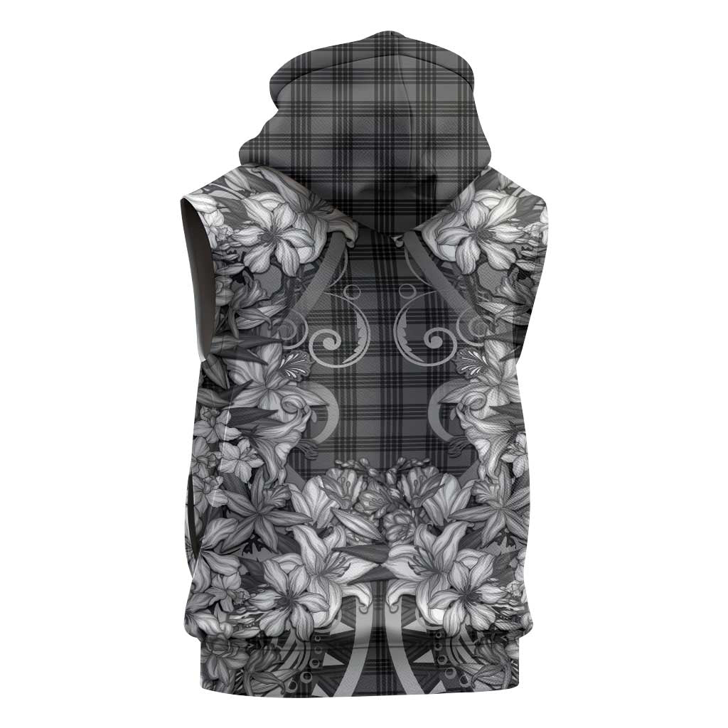 Hawaii Palaka Sleeveless Hoodie Black Tribal Pattern With Tropical Flowers LT05 - Polynesian Pride