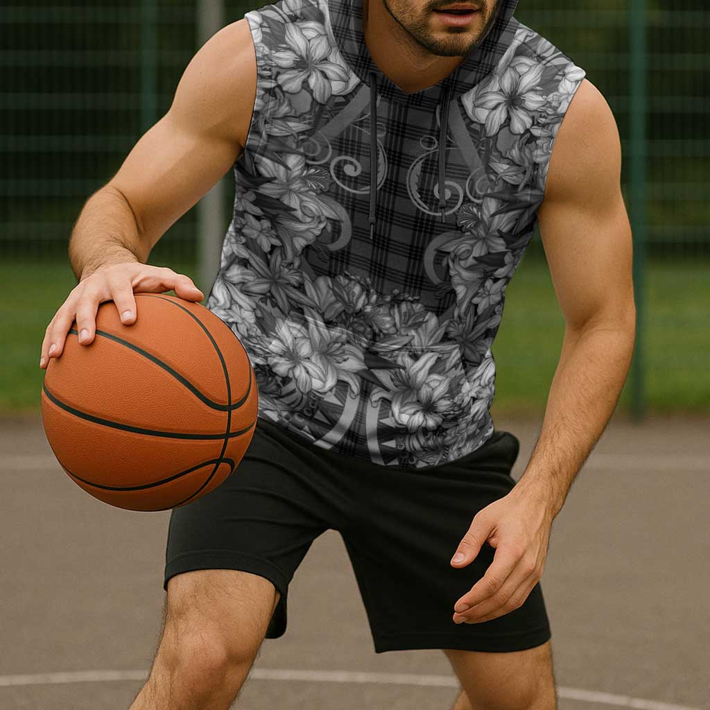 Hawaii Palaka Sleeveless Hoodie Black Tribal Pattern With Tropical Flowers LT05 - Polynesian Pride