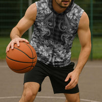 Hawaii Palaka Sleeveless Hoodie Black Tribal Pattern With Tropical Flowers LT05 - Polynesian Pride