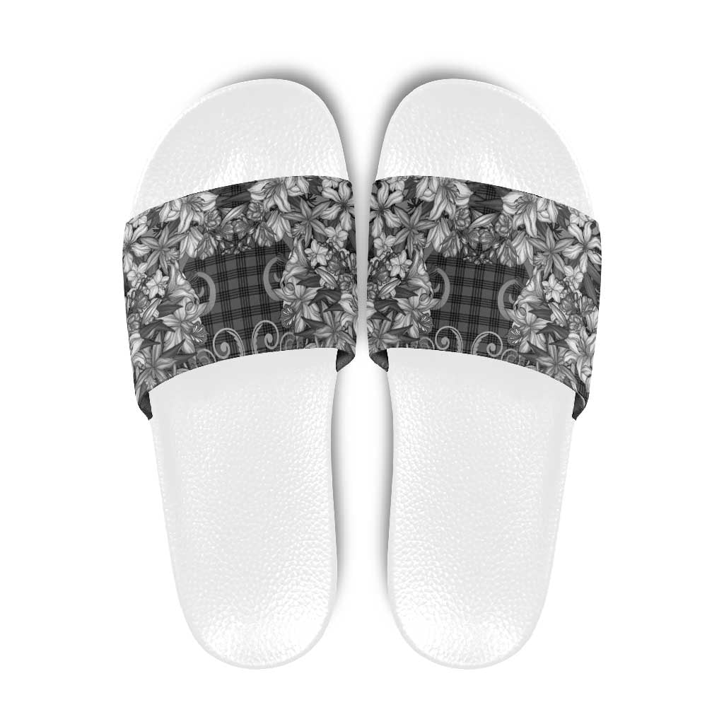 Hawaii Palaka Slide Sandals Black Tribal Pattern With Tropical Flowers - Polynesian Pride