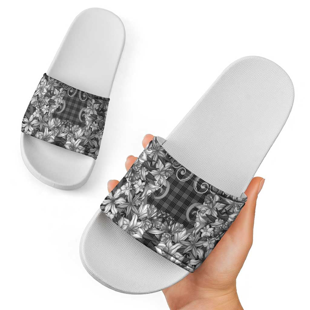 Hawaii Palaka Slide Sandals Black Tribal Pattern With Tropical Flowers - Polynesian Pride