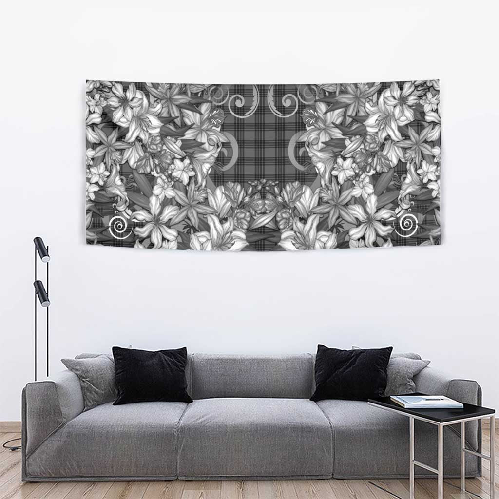 Hawaii Palaka Tapestry Black Tribal Pattern With Tropical Flowers - Polynesian Pride