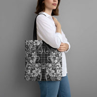 Hawaii Palaka Tote Bag Black Tribal Pattern With Tropical Flowers - Polynesian Pride