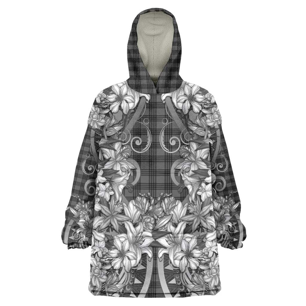 Hawaii Palaka Wearable Blanket Hoodie Black Tribal Pattern With Tropical Flowers LT05 One Size Black - Polynesian Pride