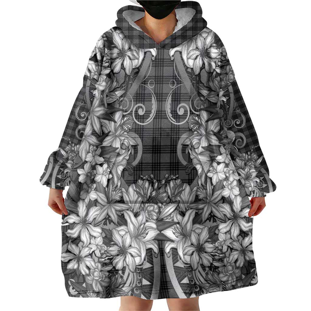 Hawaii Palaka Wearable Blanket Hoodie Black Tribal Pattern With Tropical Flowers LT05 - Polynesian Pride