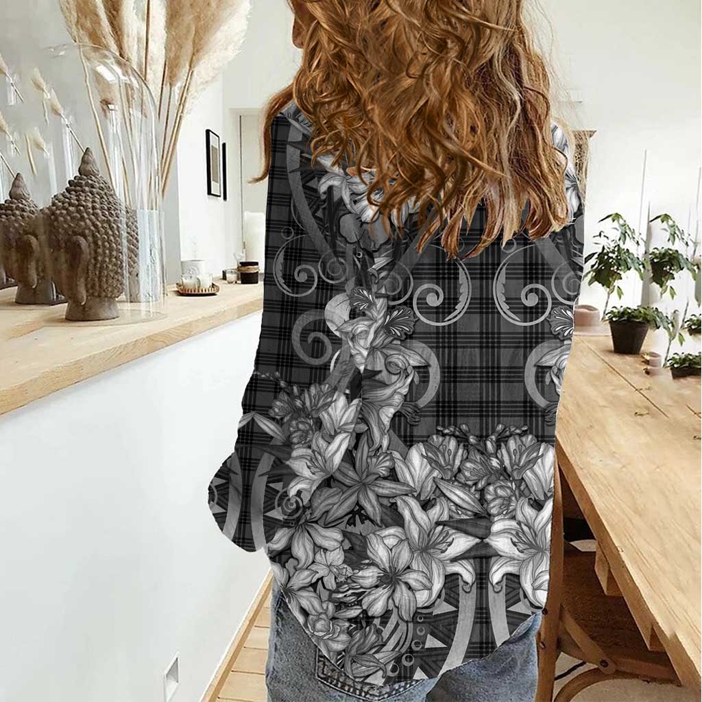 Hawaii Palaka Women Casual Shirt Black Tribal Pattern With Tropical Flowers - Polynesian Pride