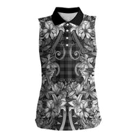 Hawaii Palaka Women Sleeveless Polo Shirt Black Tribal Pattern With Tropical Flowers LT05 Female Black - Polynesian Pride