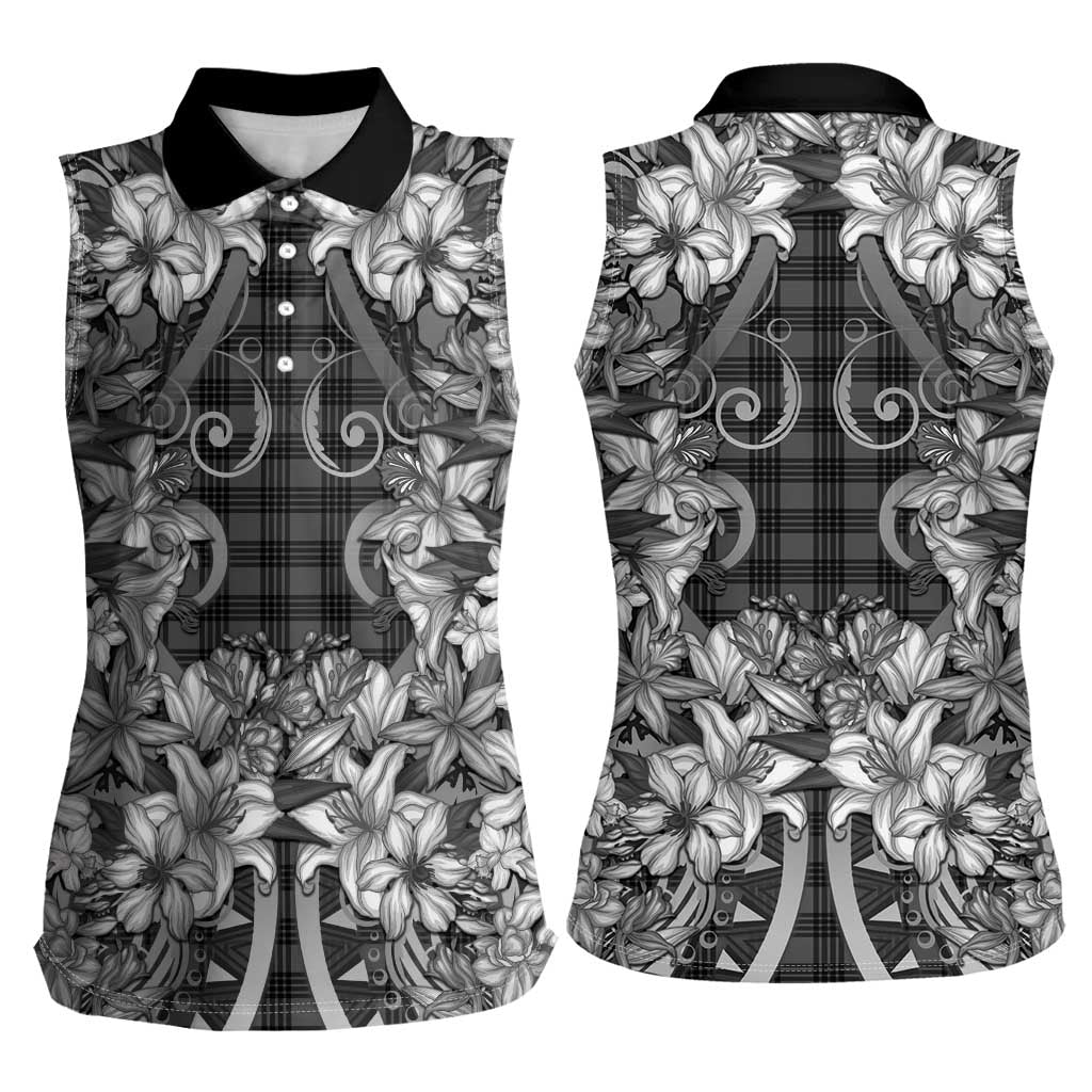 Hawaii Palaka Women Sleeveless Polo Shirt Black Tribal Pattern With Tropical Flowers LT05 - Polynesian Pride