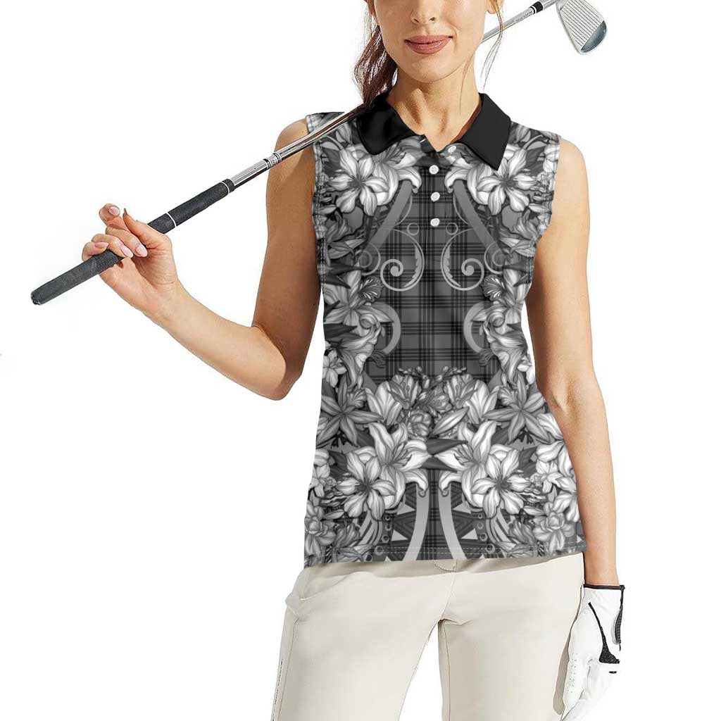 Hawaii Palaka Women Sleeveless Polo Shirt Black Tribal Pattern With Tropical Flowers LT05 - Polynesian Pride