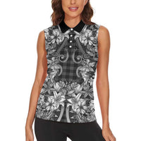 Hawaii Palaka Women Sleeveless Polo Shirt Black Tribal Pattern With Tropical Flowers LT05 - Polynesian Pride
