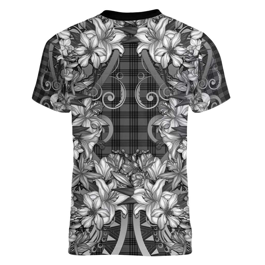 Hawaii Palaka Women V-Neck T-Shirt Black Tribal Pattern With Tropical Flowers - Polynesian Pride