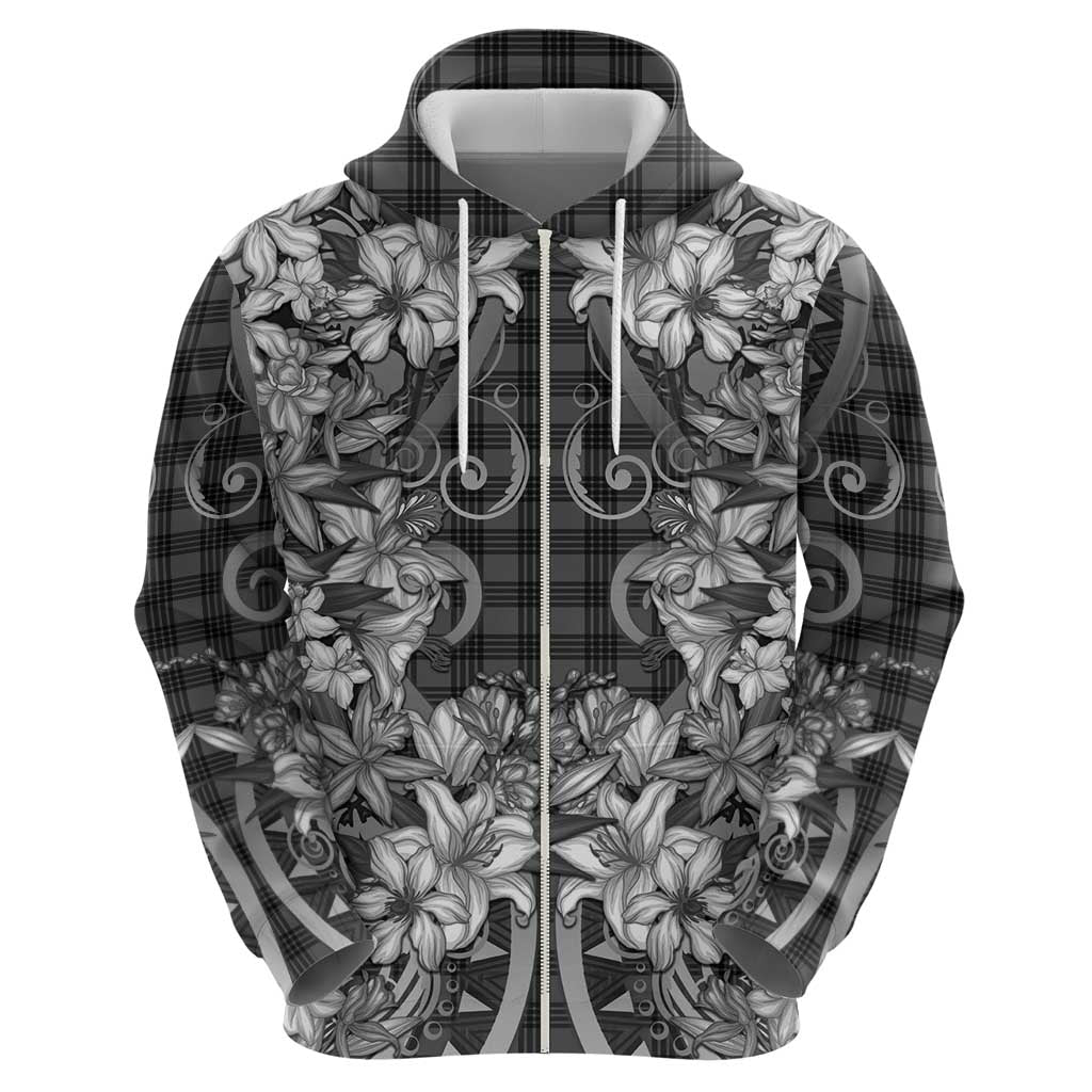 Hawaii Palaka Zip Hoodie Black Tribal Pattern With Tropical Flowers - Polynesian Pride