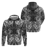 Hawaii Palaka Zip Hoodie Black Tribal Pattern With Tropical Flowers - Polynesian Pride