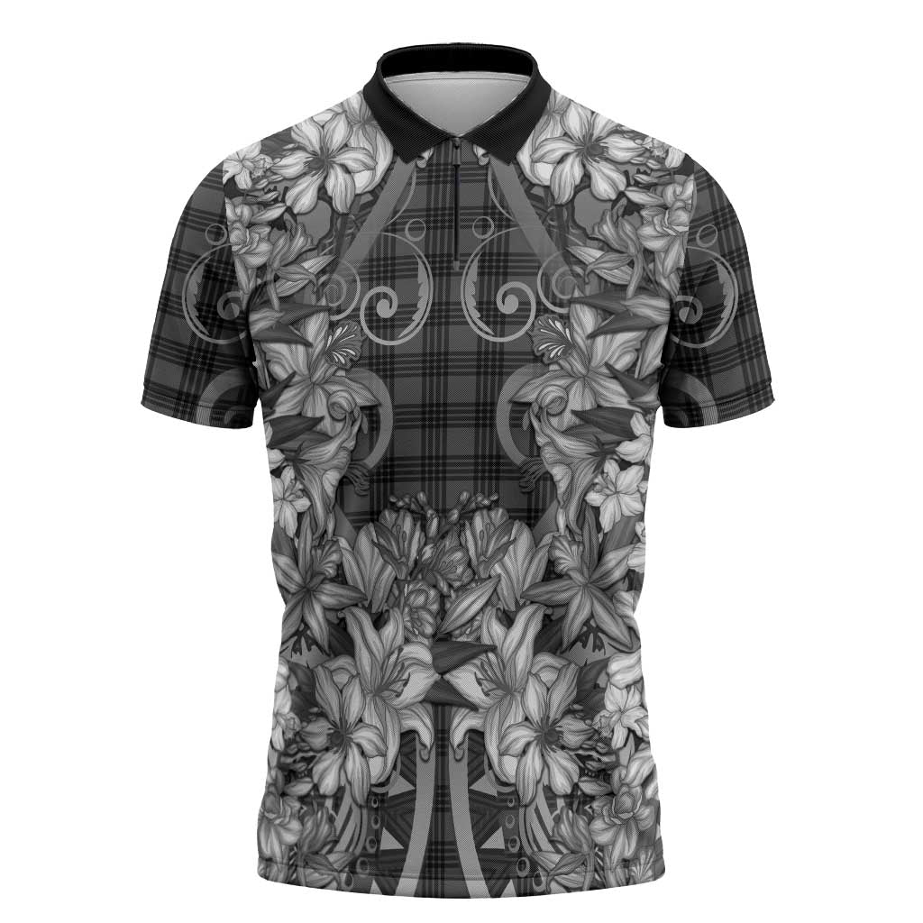 Hawaii Palaka Zipper Polo Shirt Black Tribal Pattern With Tropical Flowers LT05 Black - Polynesian Pride