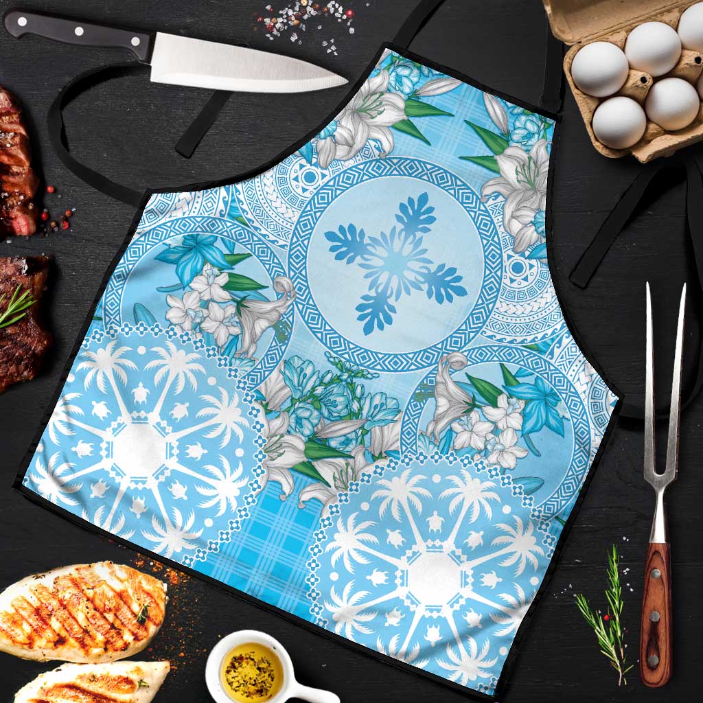 Hawaii Cyan Palaka Apron With Tapa Pattern Tropical Flowers LT05 Cyan - Polynesian Pride
