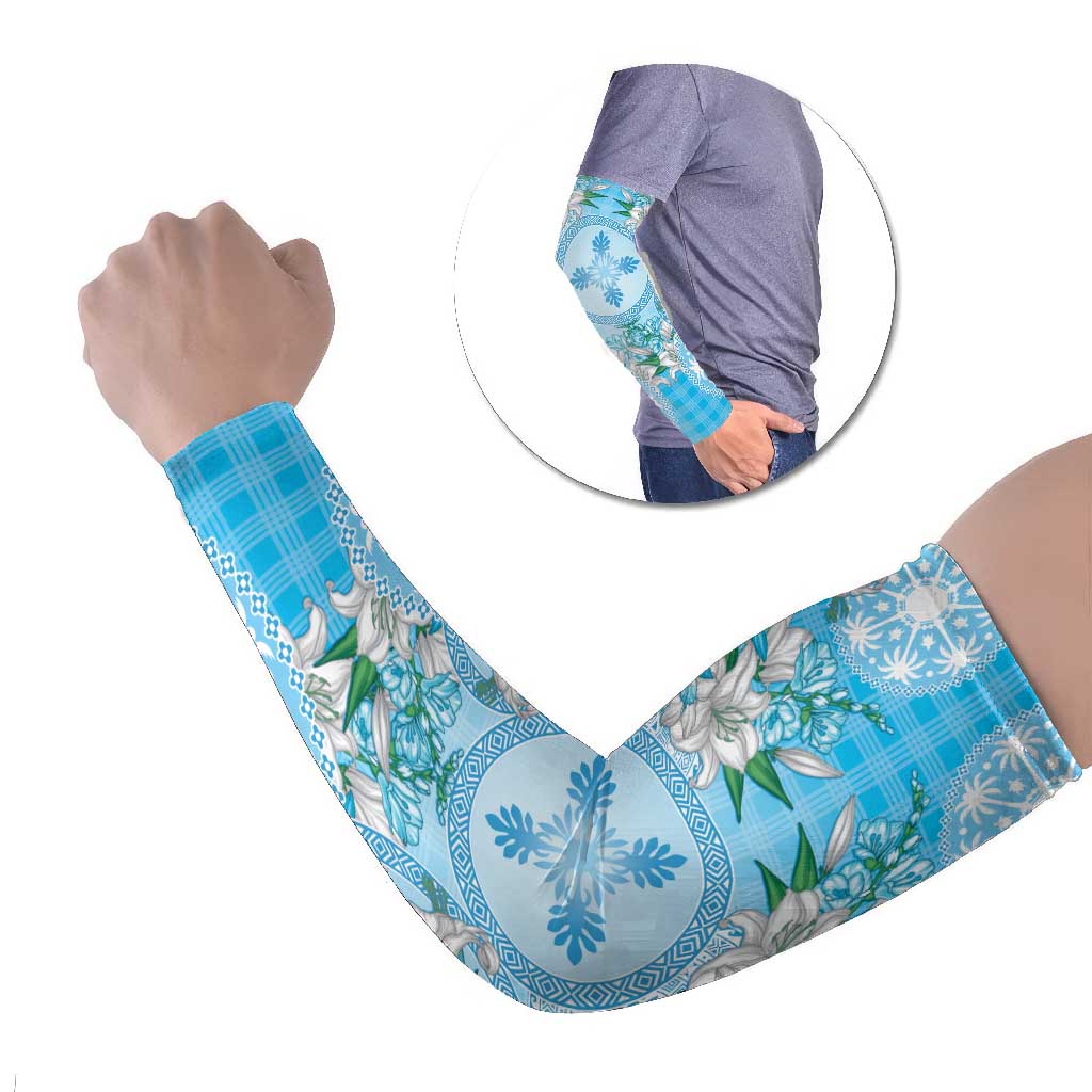 Hawaii Cyan Palaka Arm Sleeves With Tapa Pattern Tropical Flowers - Polynesian Pride