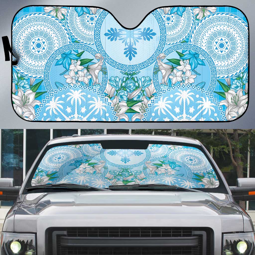 Hawaii Cyan Palaka Auto Sun Shade With Tapa Pattern Tropical Flowers - Polynesian Pride
