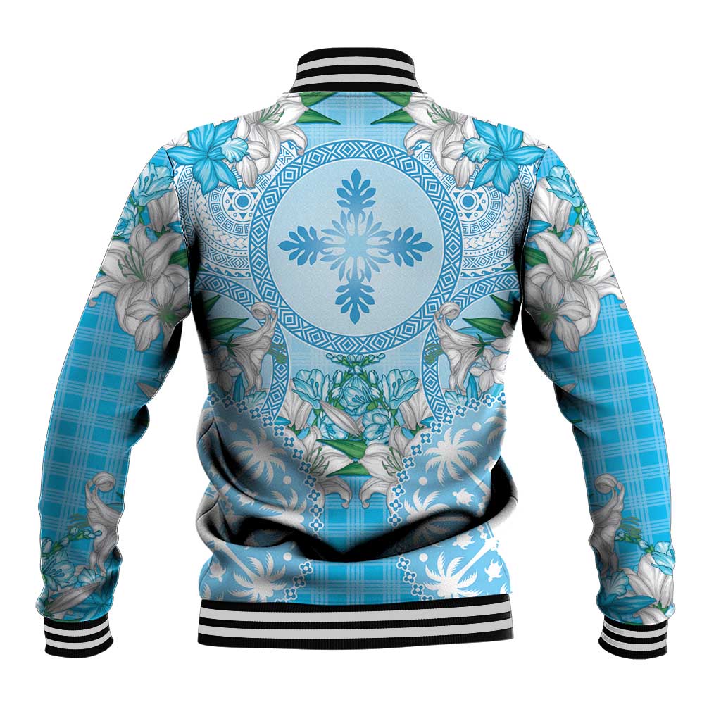 Hawaii Cyan Palaka Baseball Jacket With Tapa Pattern Tropical Flowers LT05 - Polynesian Pride