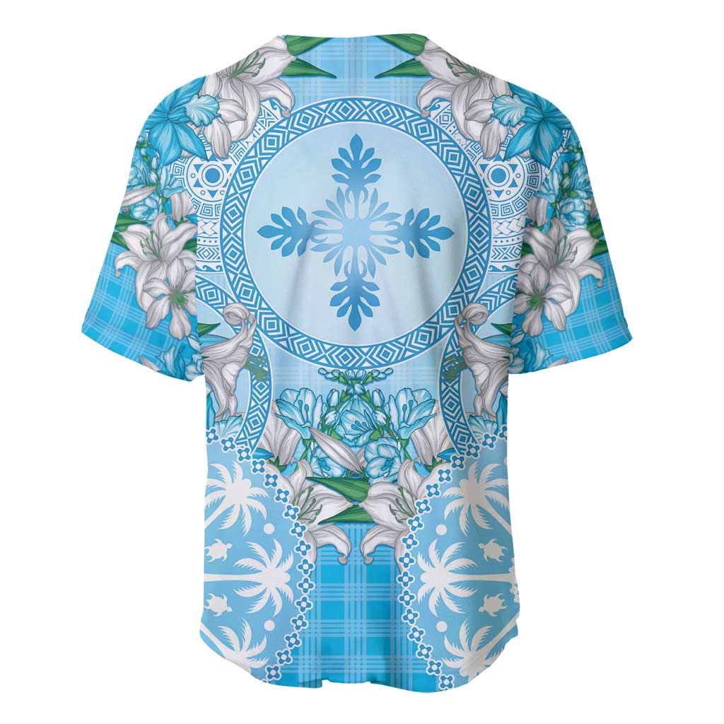 Hawaii Cyan Palaka Baseball Jersey With Tapa Pattern Tropical Flowers - Polynesian Pride