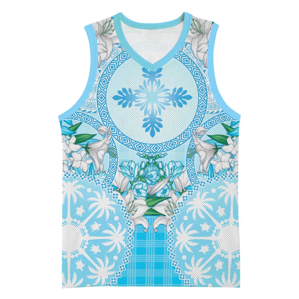 Hawaii Cyan Palaka Basketball Jersey With Tapa Pattern Tropical Flowers LT05 Unisex Cyan - Polynesian Pride