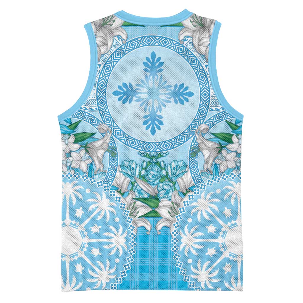 Hawaii Cyan Palaka Basketball Jersey With Tapa Pattern Tropical Flowers LT05 - Polynesian Pride