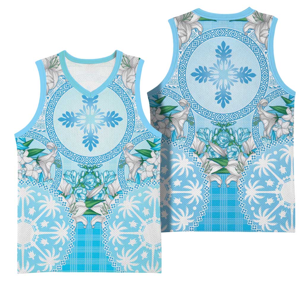 Hawaii Cyan Palaka Basketball Jersey With Tapa Pattern Tropical Flowers LT05 - Polynesian Pride
