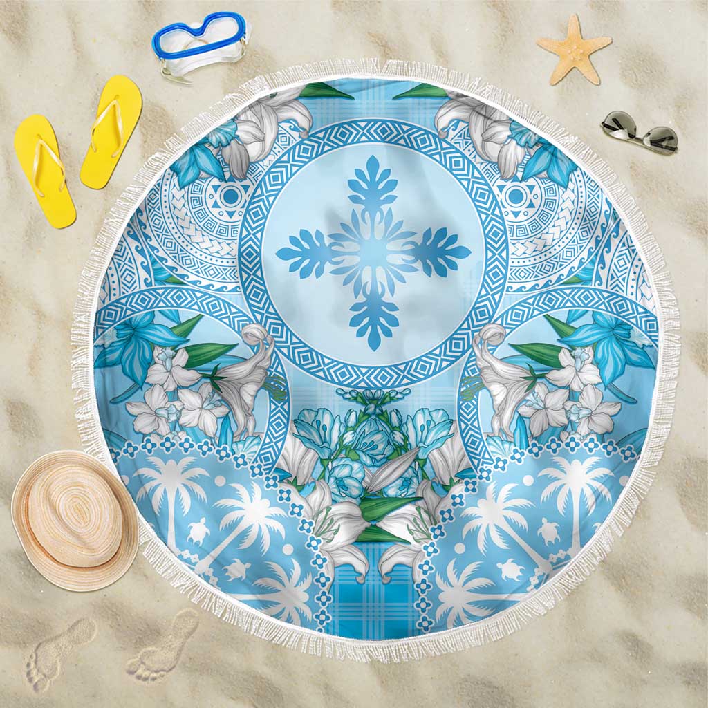Hawaii Cyan Palaka Beach Blanket With Tapa Pattern Tropical Flowers LT05 One Size 150cm Cyan - Polynesian Pride