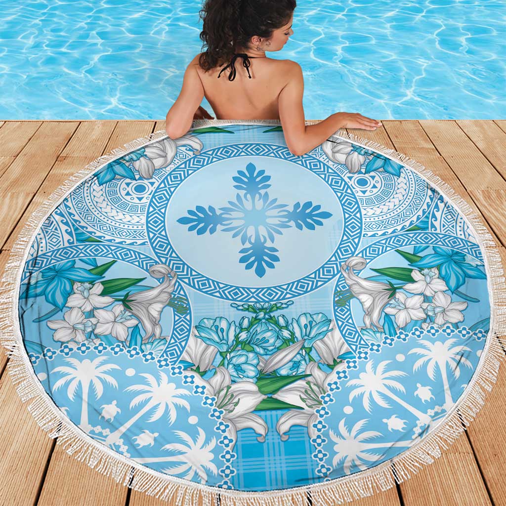 Hawaii Cyan Palaka Beach Blanket With Tapa Pattern Tropical Flowers LT05 - Polynesian Pride