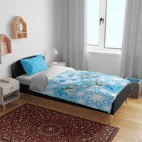 Hawaii Cyan Palaka Bedding Set With Tapa Pattern Tropical Flowers - Polynesian Pride