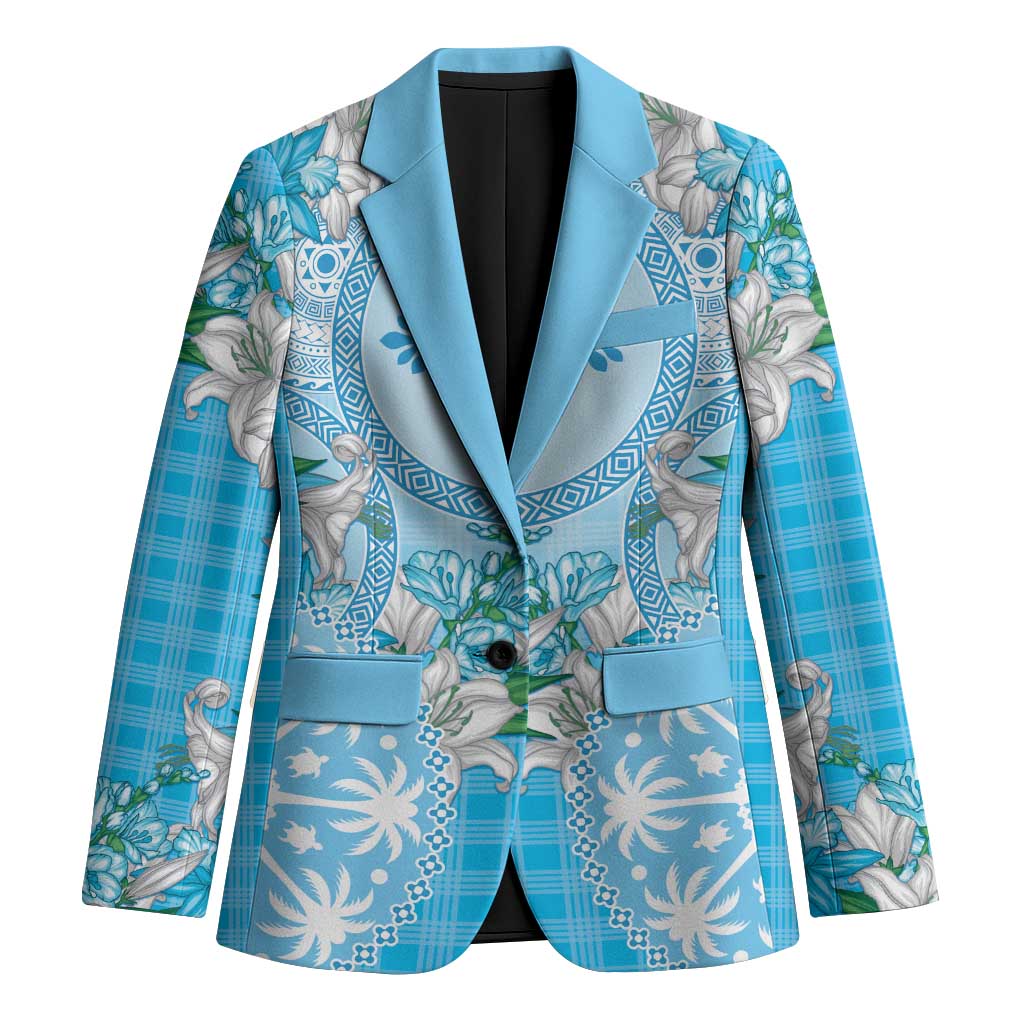 Hawaii Cyan Palaka Blazer With Tapa Pattern Tropical Flowers LT05 Unisex Cyan - Polynesian Pride