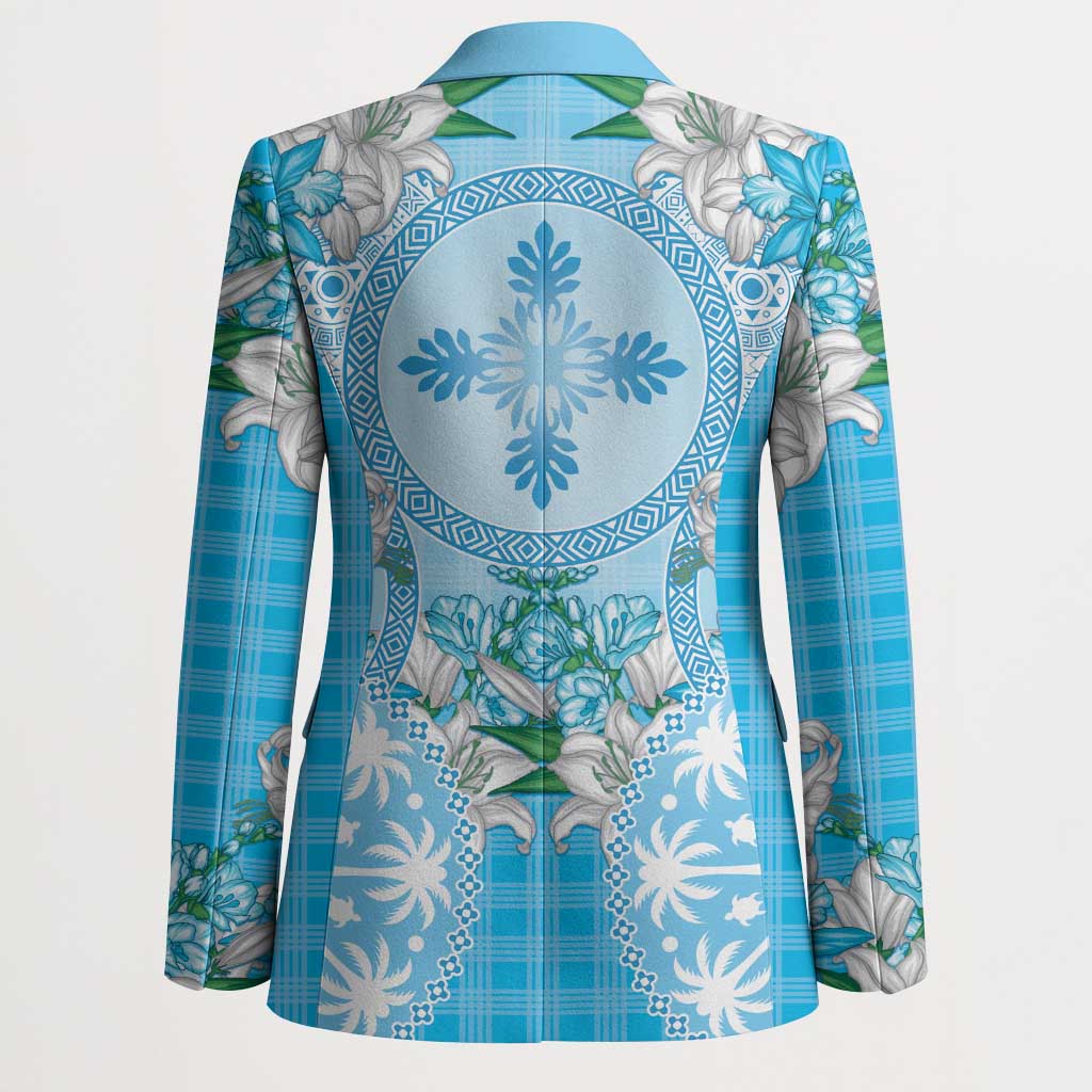 Hawaii Cyan Palaka Blazer With Tapa Pattern Tropical Flowers LT05 - Polynesian Pride