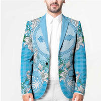 Hawaii Cyan Palaka Blazer With Tapa Pattern Tropical Flowers LT05 - Polynesian Pride