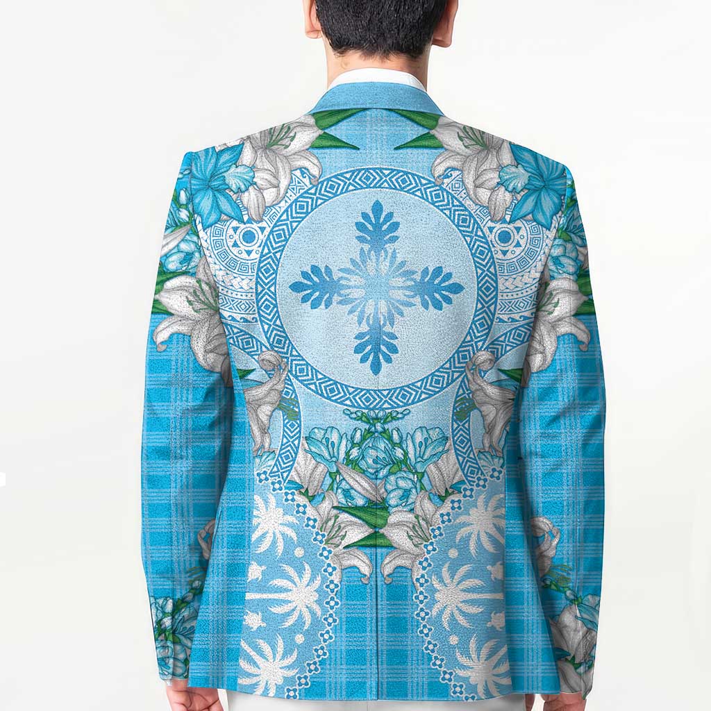 Hawaii Cyan Palaka Blazer With Tapa Pattern Tropical Flowers LT05 - Polynesian Pride