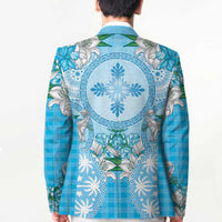 Hawaii Cyan Palaka Blazer With Tapa Pattern Tropical Flowers LT05 - Polynesian Pride