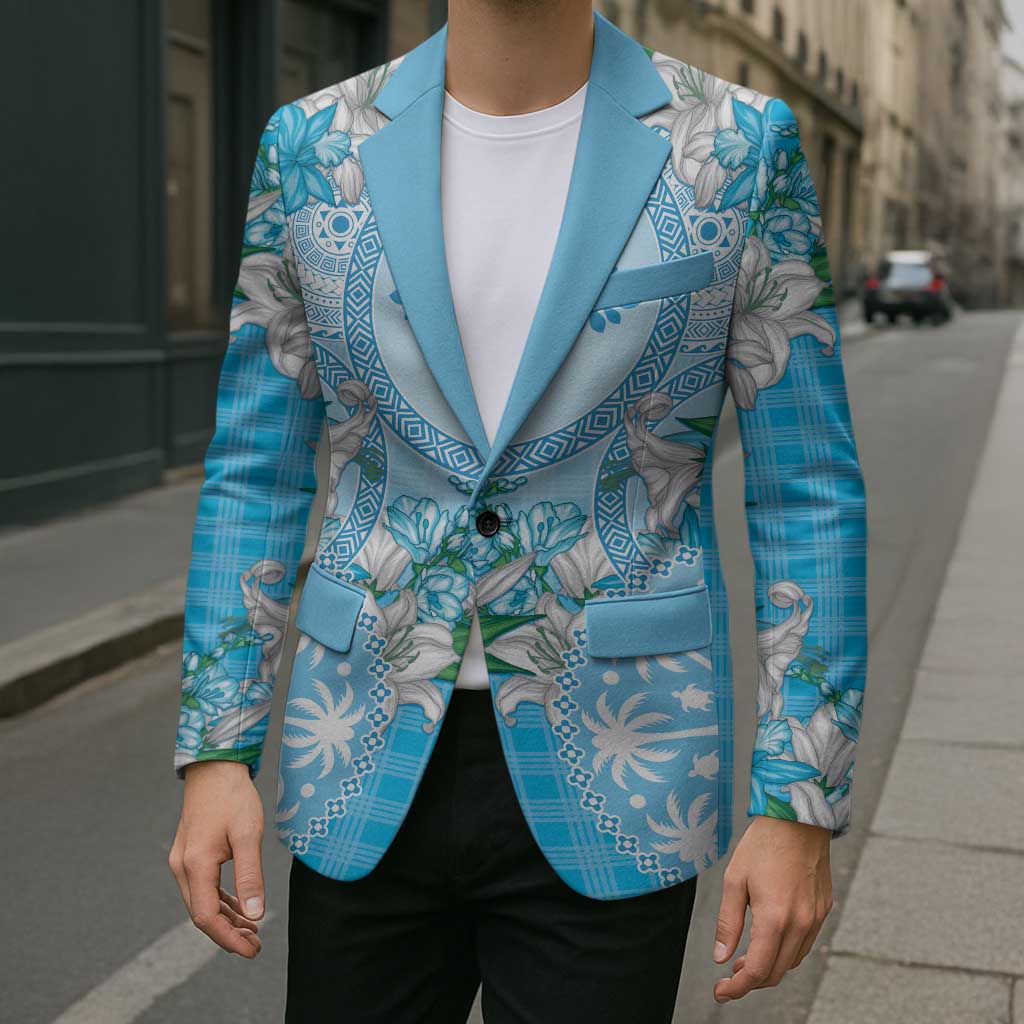 Hawaii Cyan Palaka Blazer With Tapa Pattern Tropical Flowers LT05 - Polynesian Pride