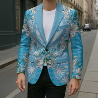Hawaii Cyan Palaka Blazer With Tapa Pattern Tropical Flowers LT05 - Polynesian Pride