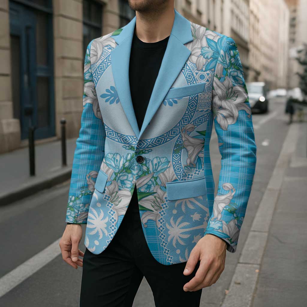 Hawaii Cyan Palaka Blazer With Tapa Pattern Tropical Flowers LT05 - Polynesian Pride