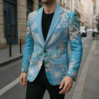 Hawaii Cyan Palaka Blazer With Tapa Pattern Tropical Flowers LT05 - Polynesian Pride