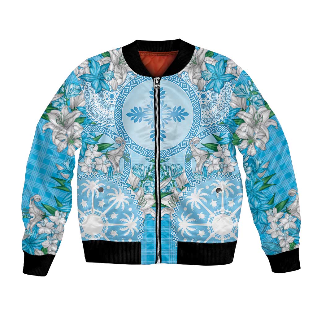 Hawaii Cyan Palaka Bomber Jacket With Tapa Pattern Tropical Flowers - Polynesian Pride