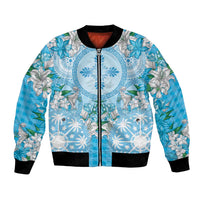 Hawaii Cyan Palaka Bomber Jacket With Tapa Pattern Tropical Flowers LT05 Unisex Cyan - Polynesian Pride