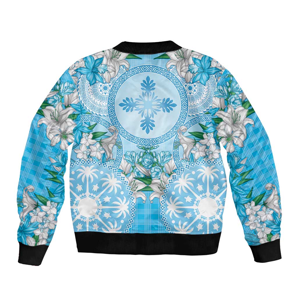 Hawaii Cyan Palaka Bomber Jacket With Tapa Pattern Tropical Flowers LT05 - Polynesian Pride