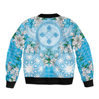Hawaii Cyan Palaka Bomber Jacket With Tapa Pattern Tropical Flowers LT05 - Polynesian Pride