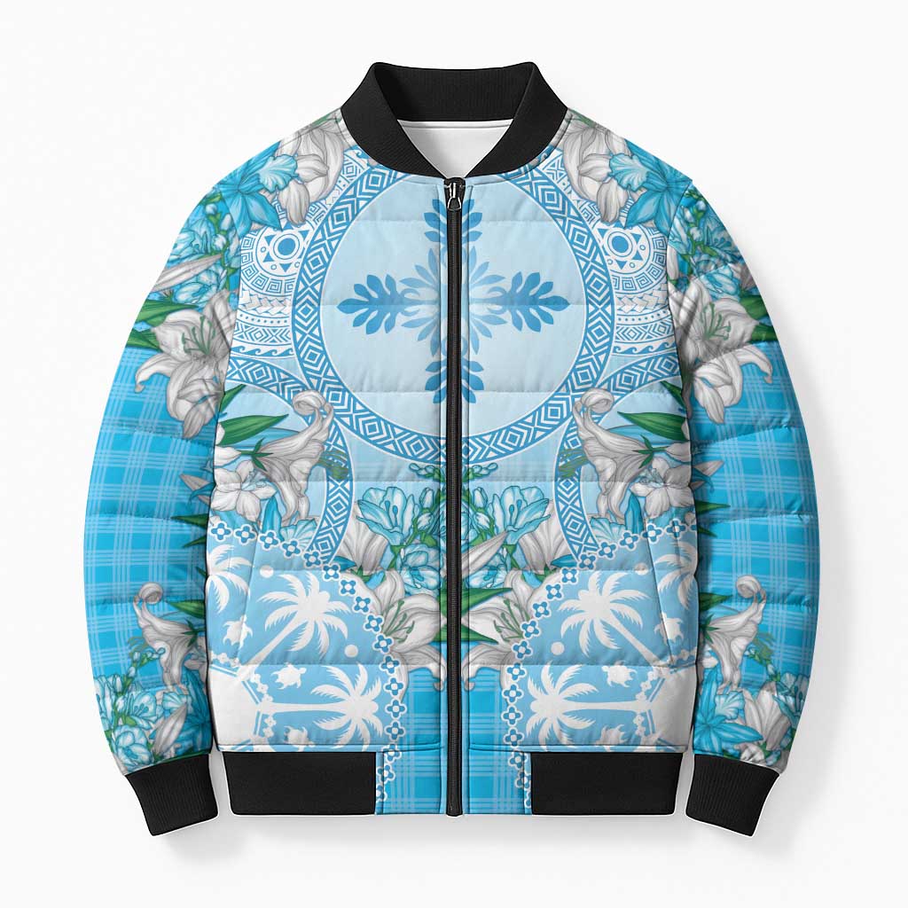 Hawaii Cyan Palaka Bomber Puffer Jacket With Tapa Pattern Tropical Flowers LT05 Unisex Cyan - Polynesian Pride