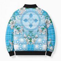 Hawaii Cyan Palaka Bomber Puffer Jacket With Tapa Pattern Tropical Flowers LT05 - Polynesian Pride