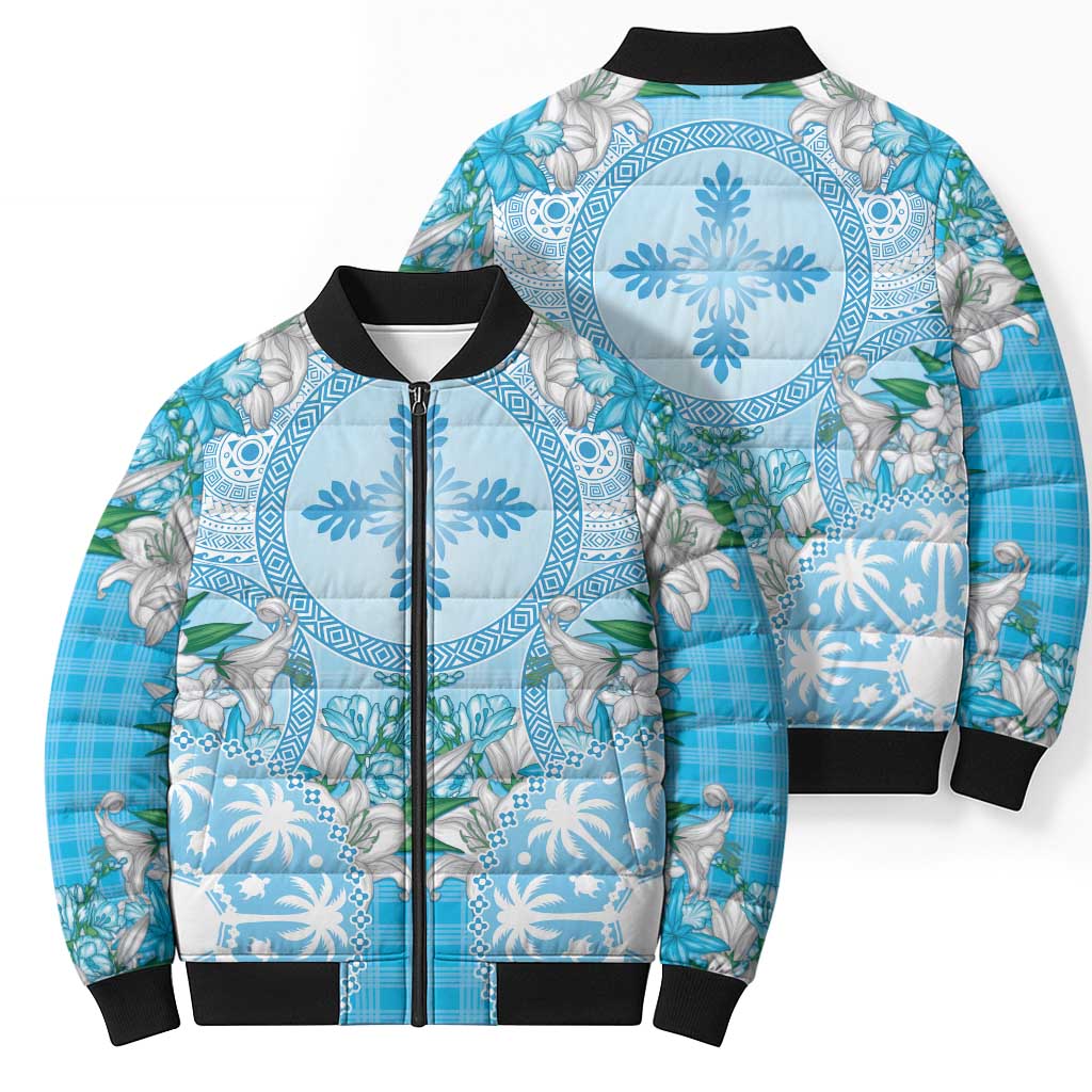 Hawaii Cyan Palaka Bomber Puffer Jacket With Tapa Pattern Tropical Flowers LT05 - Polynesian Pride