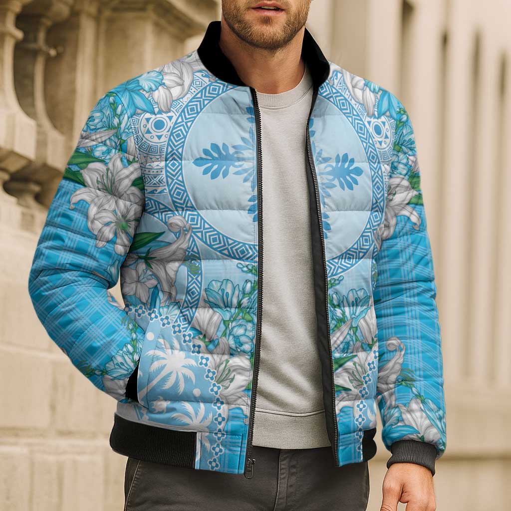 Hawaii Cyan Palaka Bomber Puffer Jacket With Tapa Pattern Tropical Flowers LT05 - Polynesian Pride