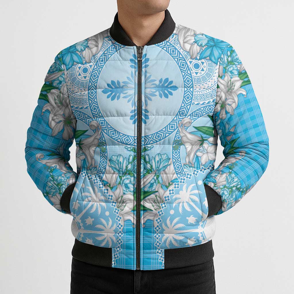 Hawaii Cyan Palaka Bomber Puffer Jacket With Tapa Pattern Tropical Flowers LT05 - Polynesian Pride