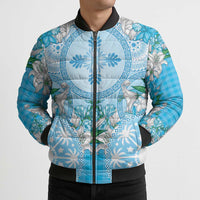Hawaii Cyan Palaka Bomber Puffer Jacket With Tapa Pattern Tropical Flowers LT05 - Polynesian Pride